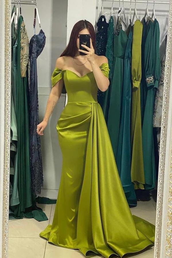 Charming Long Mermaid Off the Shoulder Satin Prom Dresses with Side Sweep Train by BIZTUNNEL