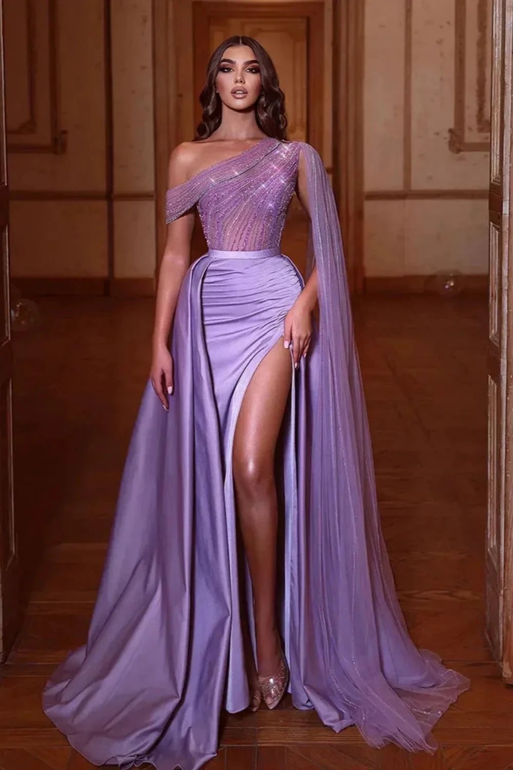 Charming Long Mermaid One Shoulder Satin Evening Prom Dress with Side Slit by BIZTUNNEL