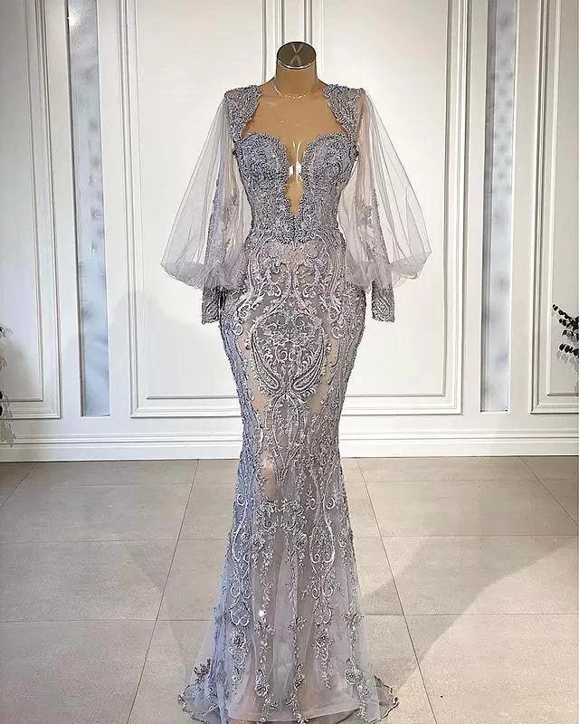 Charming Long Mermaid Sweetheart Tulle Lace Evening Dresses with Puffy Sleeves by BIZTUNNEL