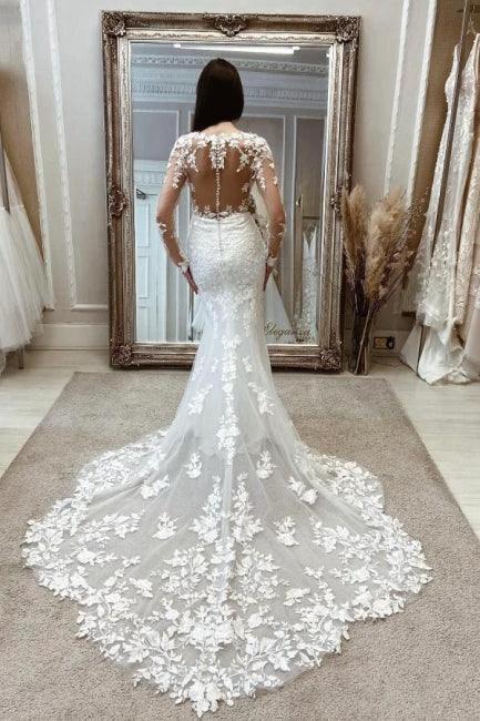 Charming Long White Mermaid Lace Wedding Dresses with Long Sleeves by misshow.com