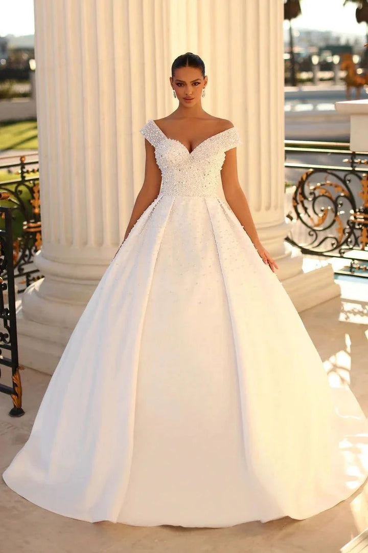 Charming Long White Off-the-shoulder A-line Sequined Wedding Dress With Pearls by misshow.com
