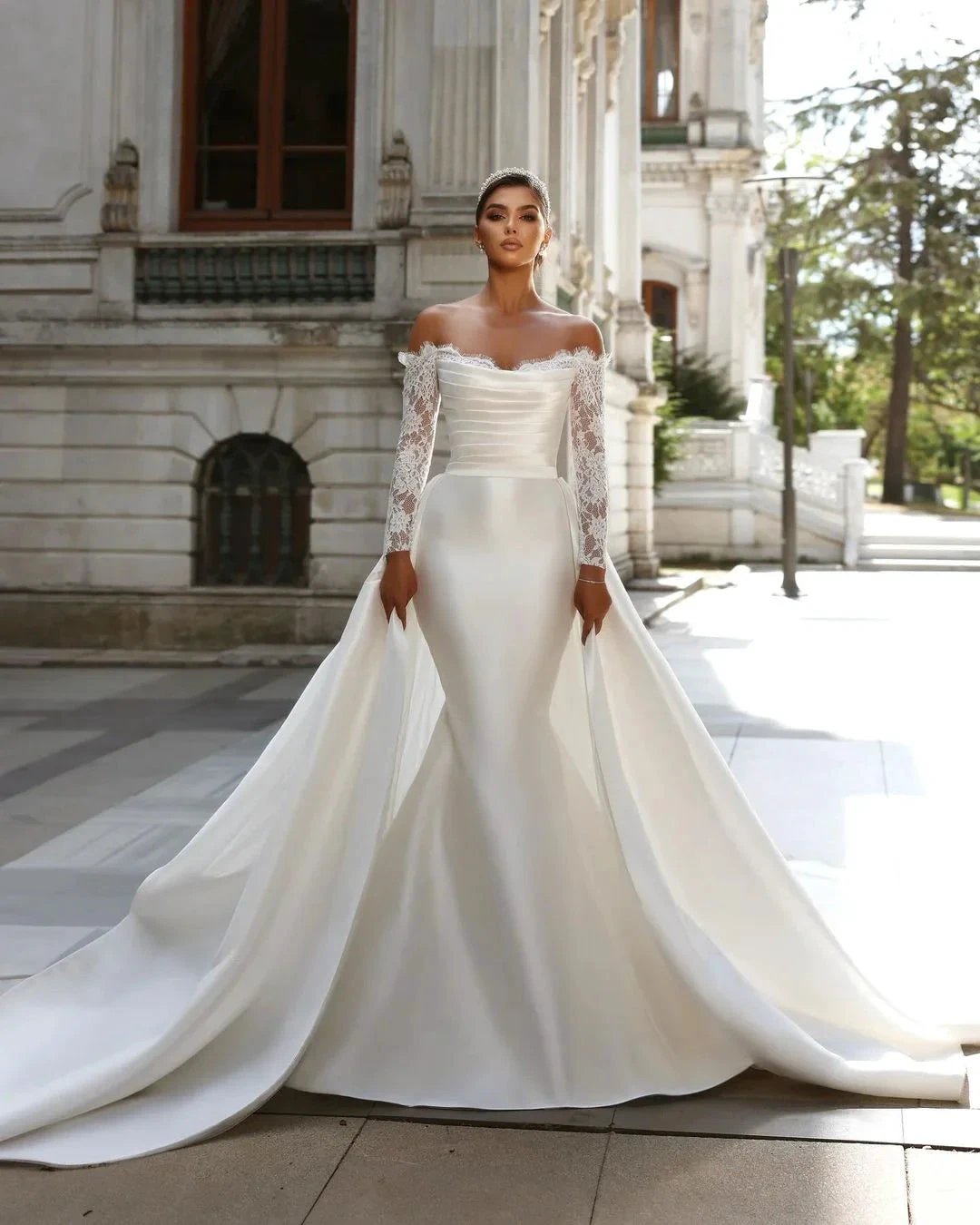 Charming Long White Off-the-shoulder Mermaid Lace Long Sleeves Wedding Dress With Detachable Train by misshow.com