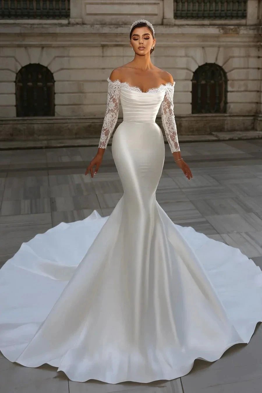 Charming Long White Off-the-shoulder Mermaid Lace Long Sleeves Wedding Dress With Detachable Train by misshow.com