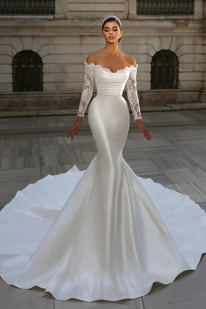 Charming Long White Off-the-shoulder Mermaid Lace Long Sleeves Wedding Dress With Detachable Train by misshow.com