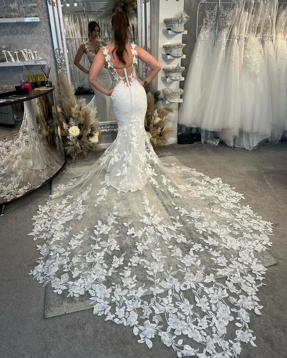 Charming Mermaid Off-the-shoulder Sleeveless Appliques Tulle Lace Train Wedding Dresses by misshow.com