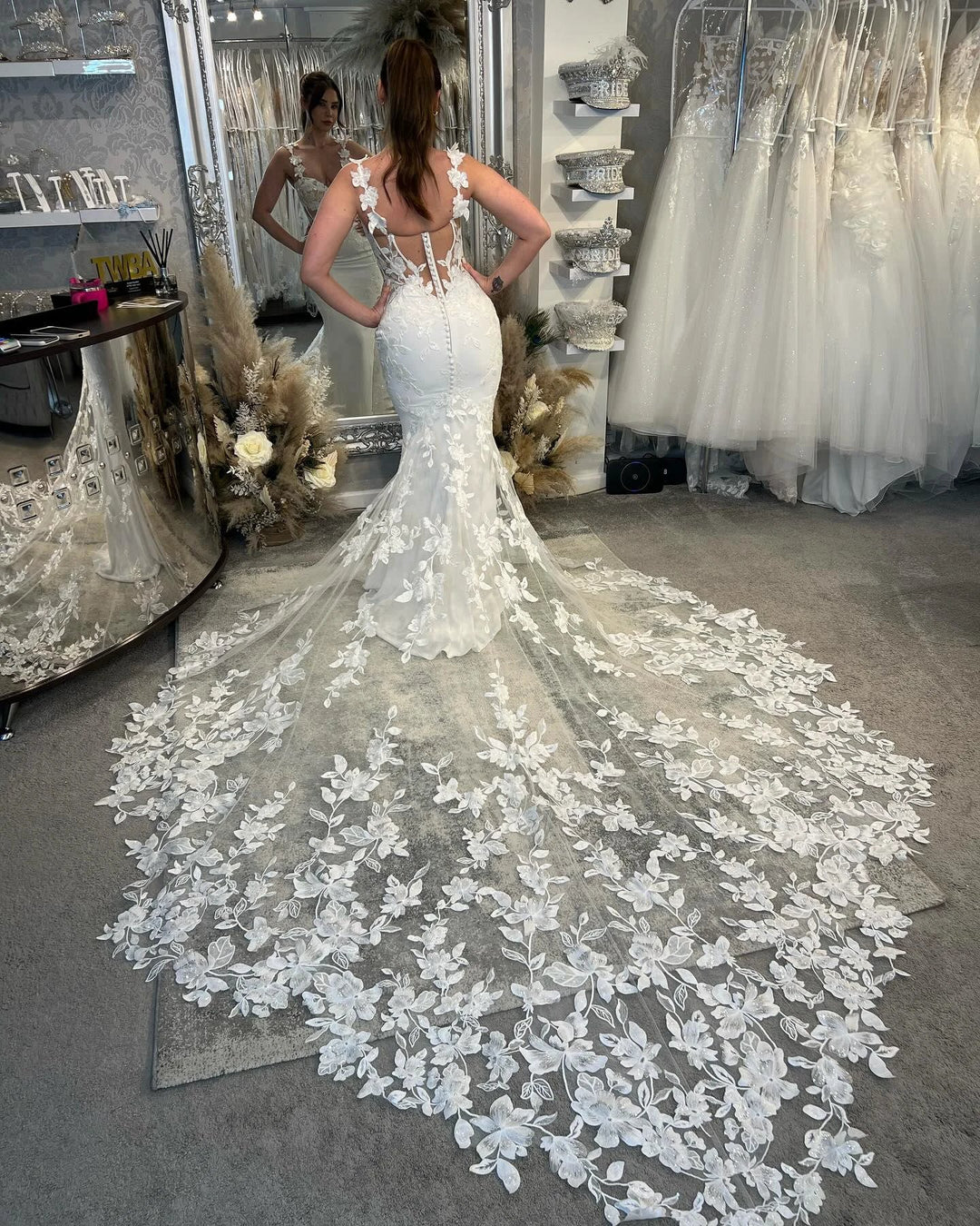 Charming Mermaid Off-the-shoulder Sleeveless Appliques Tulle Lace Train Wedding Dresses by misshow.com