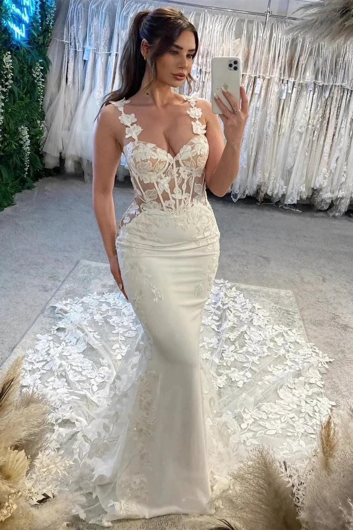 Charming Mermaid Off-the-shoulder Sleeveless Appliques Tulle Lace Train Wedding Dresses by misshow.com