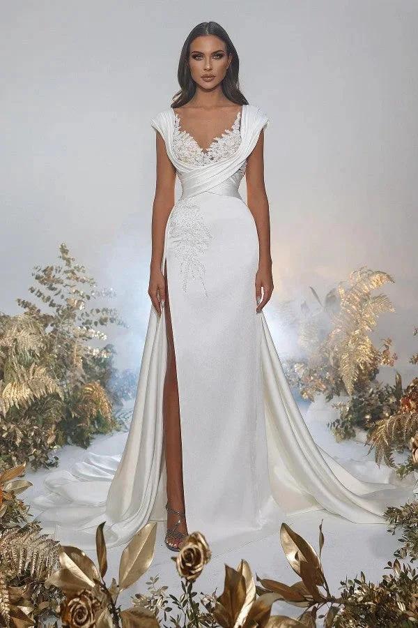 Long Mermaid Sweetheart Satin Lace Wedding Dresses with Slit by BIZTUNNEL