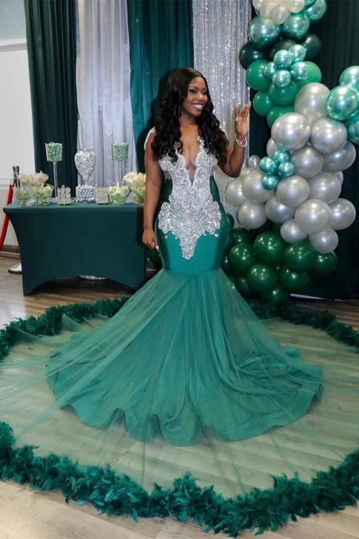 Charming Long V neck Sleeveless Tulle Beading Mermaid Prom Dress by BIZTUNNEL