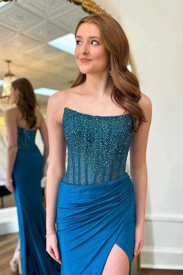 Charming Round Neck Mermaid Blue Prom Dress with Beading PSK606 by pgmdress