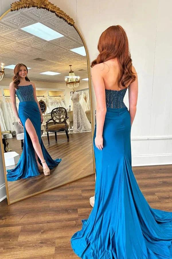 Charming Round Neck Mermaid Blue Prom Dress with Beading PSK606 by pgmdress