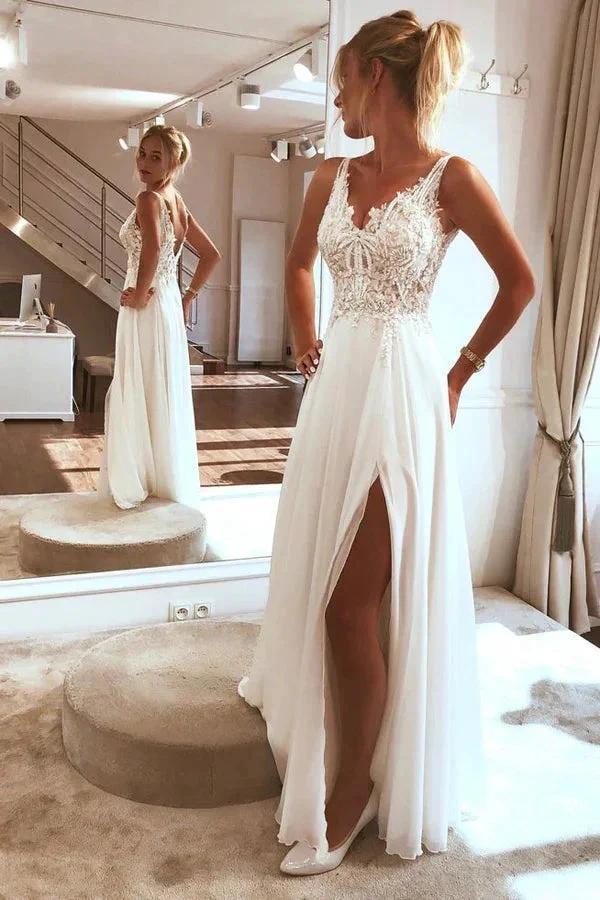 Charming Spaghetti straps Appliques Lace Split Beach Wedding Dress WD629 by pgmdress