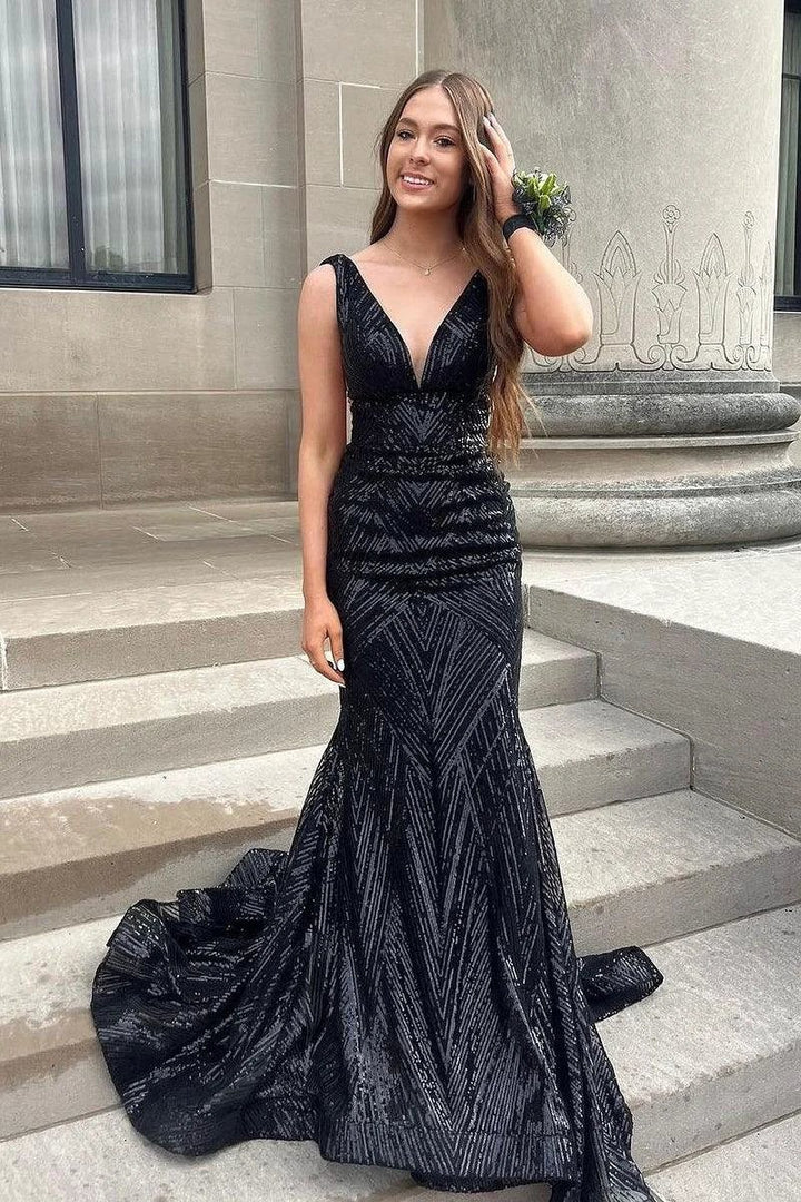 Karmina | Mermaid V Neck Sequins Sweep Train Long Prom Dresses by KissProm