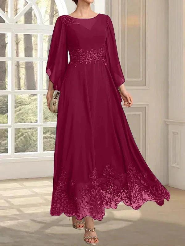 A-line Scoop Illusion Ankle-Length Lace Chiffon Mother of the Bride Dress With Sequins by Dreamylily