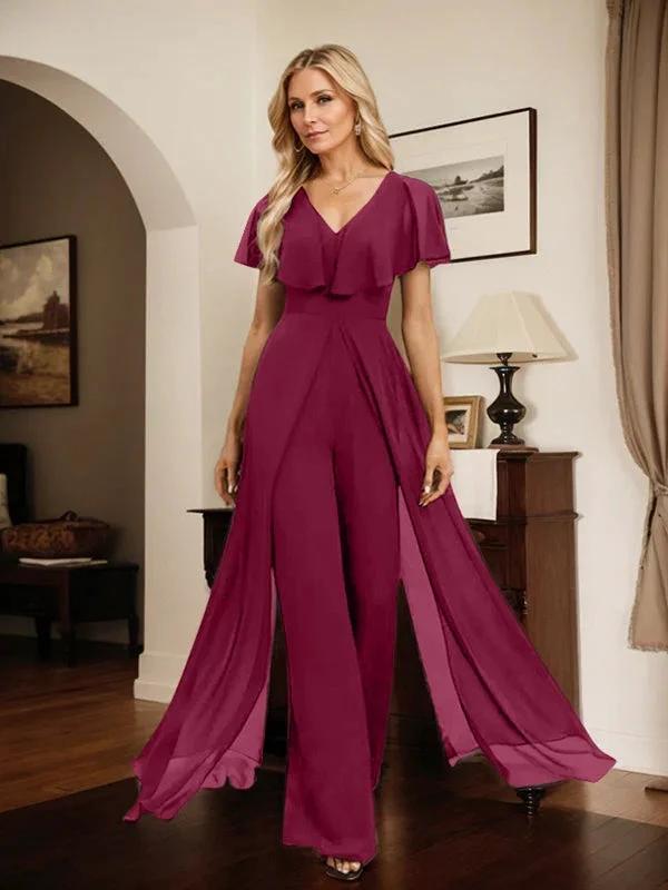 Jumpsuit/Pantsuit V-Neck Floor-Length Chiffon Evening Dress by Dreamylily
