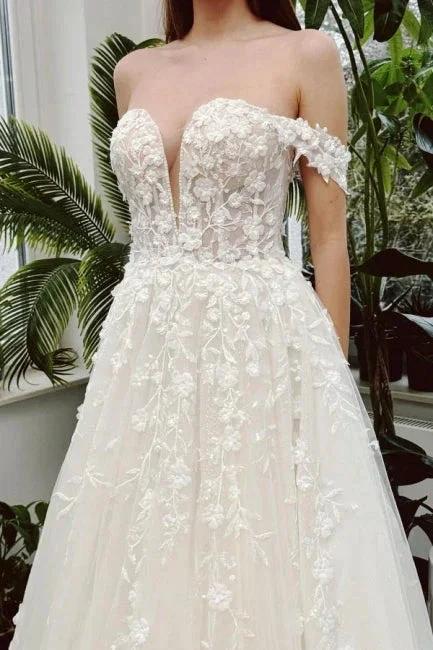 Chic Long Ivory A-line Off-the-shoulder V-neck Sleeveless Wedding Dress with Lace by misshow.com