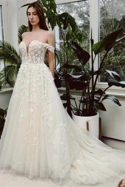 Chic Long Ivory A-line Off-the-shoulder V-neck Sleeveless Wedding Dress with Lace by misshow.com