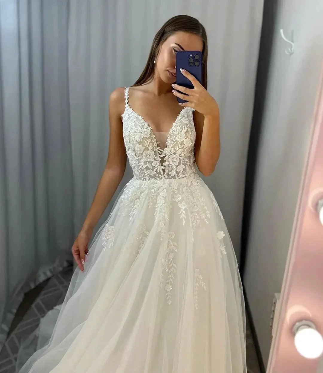 Chic Long Ivory A-line V-neck Tulle Sleeveless Wedding Dress With Lace by misshow.com