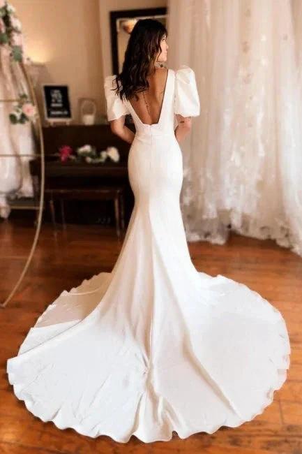 Chic Long Mermaid Square Neck Satin Backless Wedding Dress With Short Sleeves by misshow.com