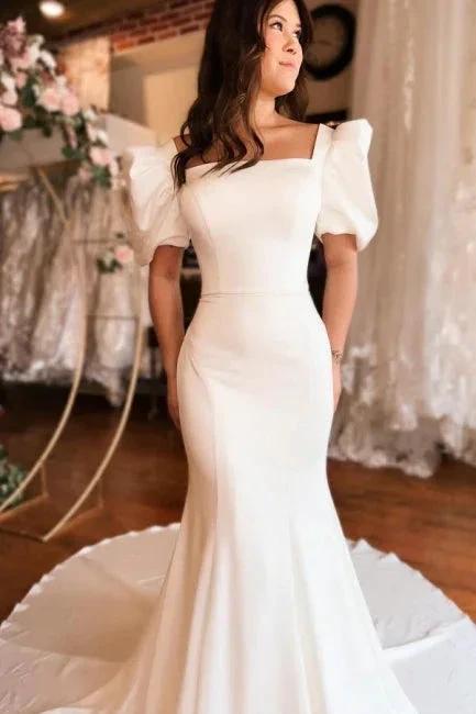 Chic Long Mermaid Square Neck Satin Backless Wedding Dress With Short Sleeves by misshow.com