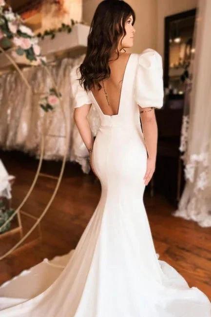 Chic Long Mermaid Square Neck Satin Backless Wedding Dress With Short Sleeves by misshow.com