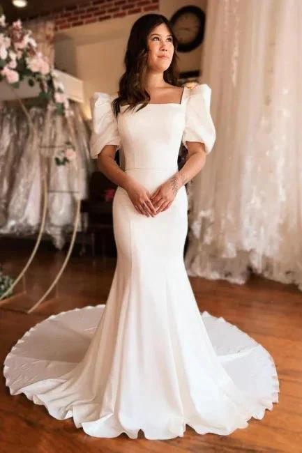 Chic Long Mermaid Square Neck Satin Backless Wedding Dress With Short Sleeves by misshow.com