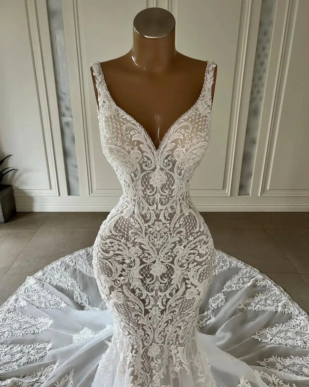 Chic Long Mermaid V-neck Sleeveless Wedding Dress With Lace by misshow.com
