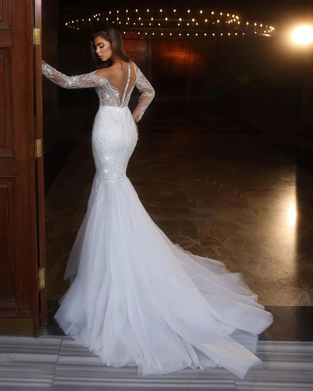 Chic Long White Mermaid Lace Beading Tulle Long Sleeves Wedding Dress by misshow.com