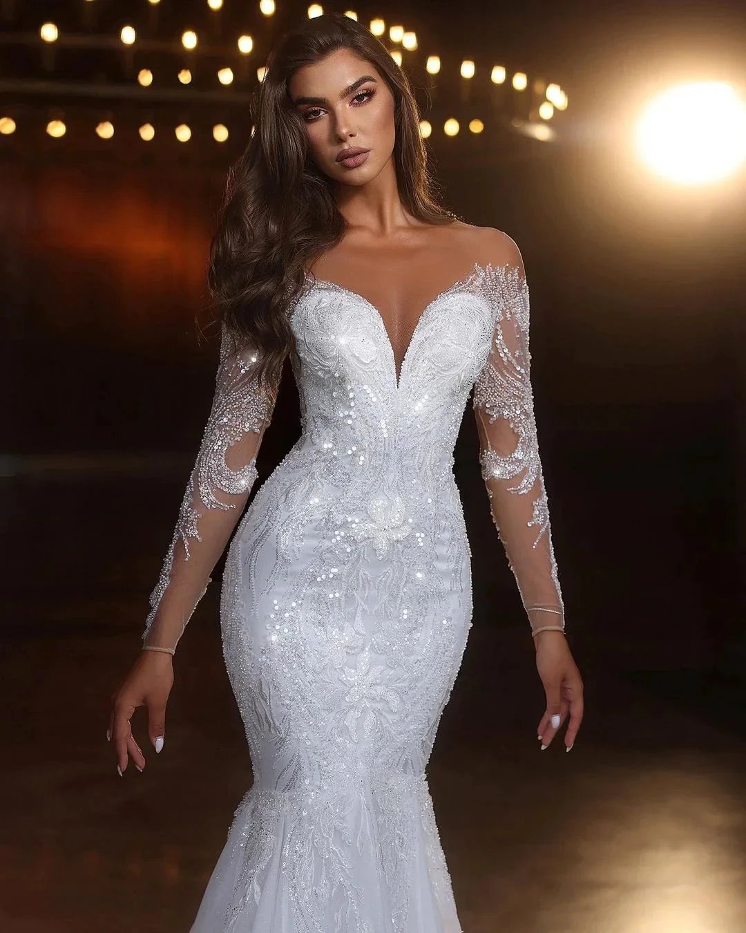 Chic Long White Mermaid Lace Beading Tulle Long Sleeves Wedding Dress by misshow.com