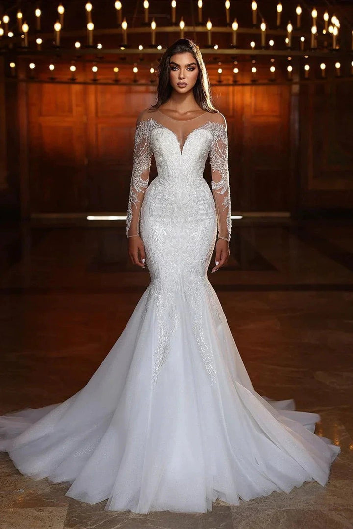Chic Long White Mermaid Lace Beading Tulle Long Sleeves Wedding Dress by misshow.com