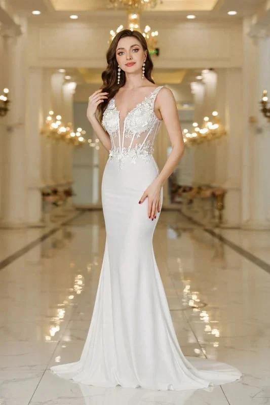 Chic V-Neck Mermaid Wedding Dress White Lace Appliques Bridal Gown with Pearls by misshow.com