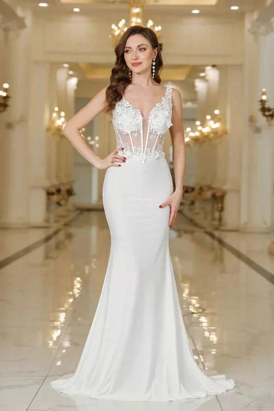 Chic V-Neck Mermaid Wedding Dress White Lace Appliques Bridal Gown with Pearls by misshow.com