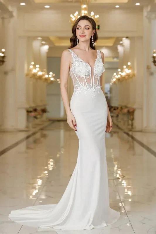 Chic V-Neck Mermaid Wedding Dress White Lace Appliques Bridal Gown with Pearls by misshow.com