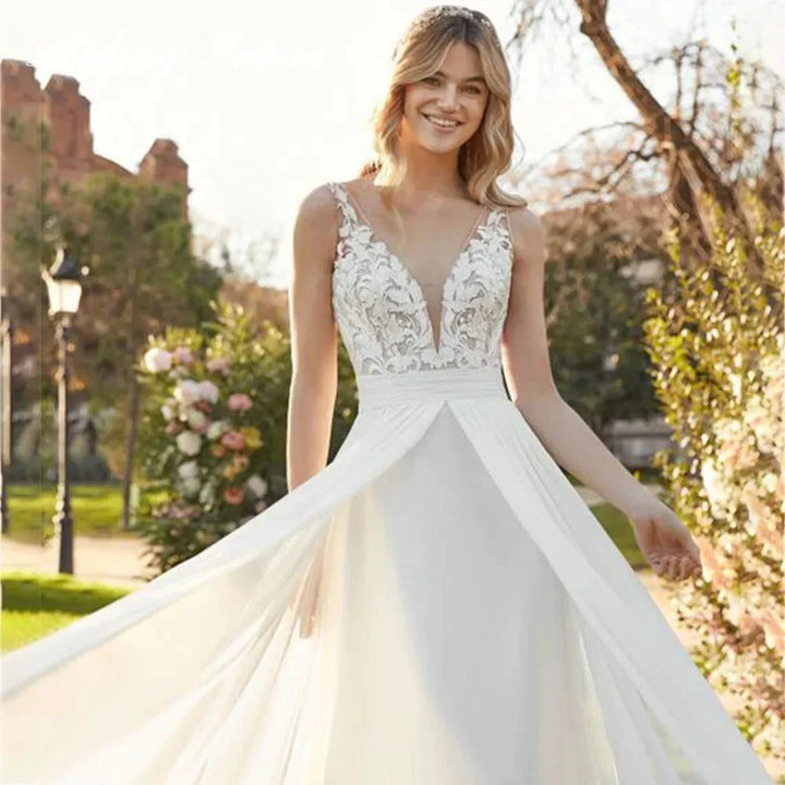 Chiffon Lace Bridal Dresses Deep V-Neck Wedding Gown A-Line Sleeveless robe de mariée bohème Buttons Backless Bride Custom Made by payinti