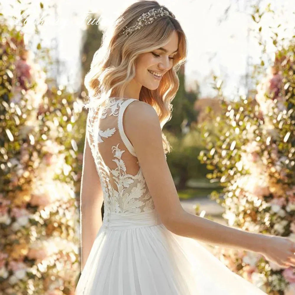 Chiffon Lace Bridal Dresses Deep V-Neck Wedding Gown A-Line Sleeveless robe de mariée bohème Buttons Backless Bride Custom Made by payinti