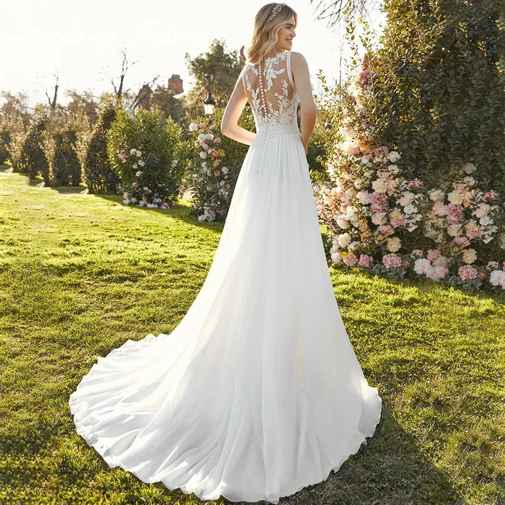 Chiffon Lace Bridal Dresses Deep V-Neck Wedding Gown A-Line Sleeveless robe de mariée bohème Buttons Backless Bride Custom Made by payinti