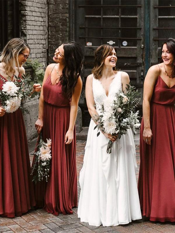 Chiffon Long Bridesmaid Dresses A-line Spaghetti Straps Gowns BD092 by pgmdress