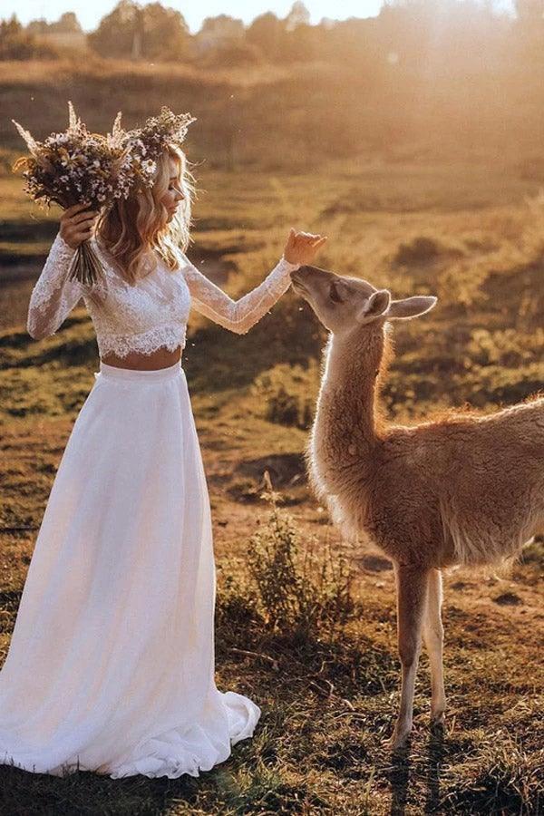Chiffon Two Pieces Wedding Dresses A-line Long Sleeves Bridal Gown WD553 by pgmdress