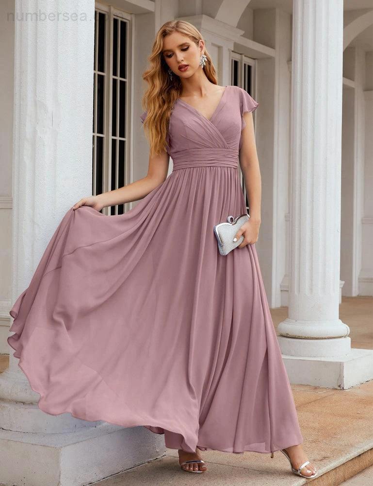 Numbersea V-Neck Bridesmaid Dress Floor Length Backless Formal Evening Dress 28024 by numbersea