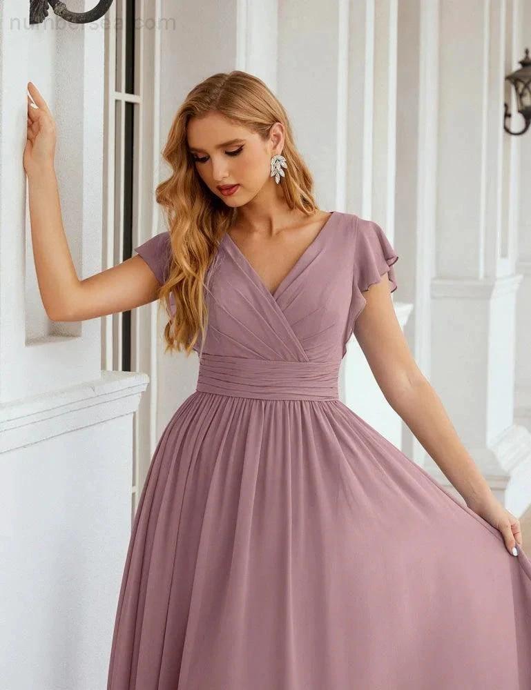 Numbersea V-Neck Bridesmaid Dress Floor Length Backless Formal Evening Dress 28024 by numbersea
