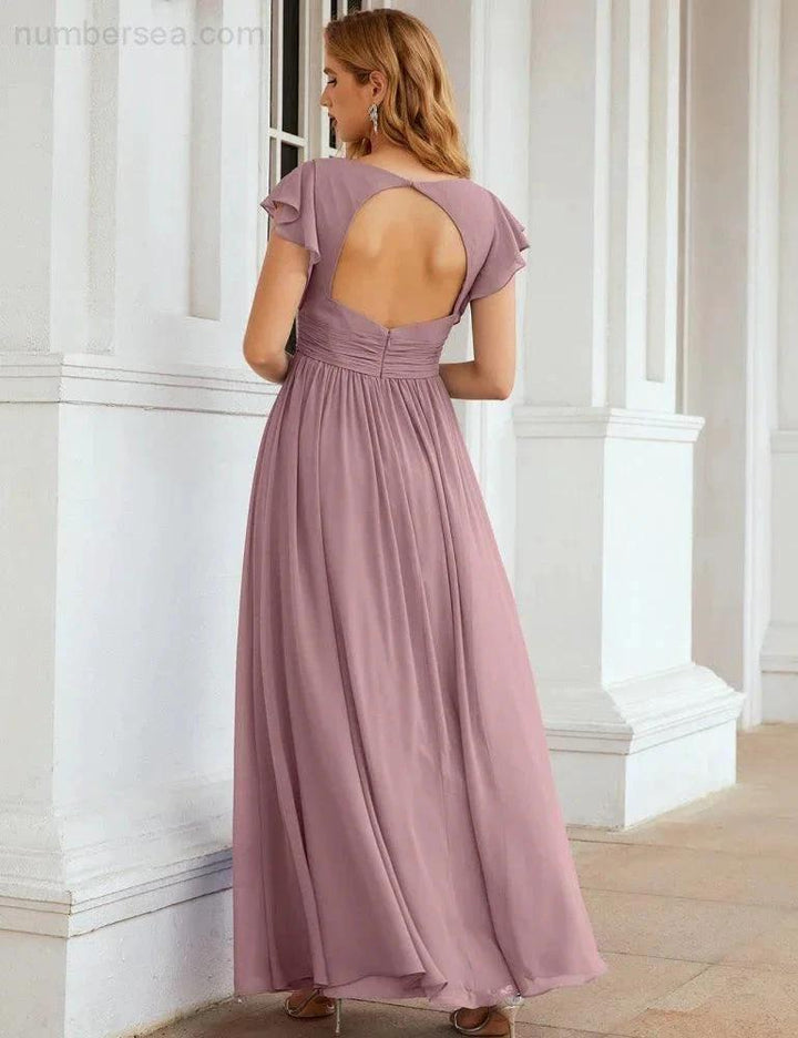 Numbersea V-Neck Bridesmaid Dress Floor Length Backless Formal Evening Dress 28024 by numbersea