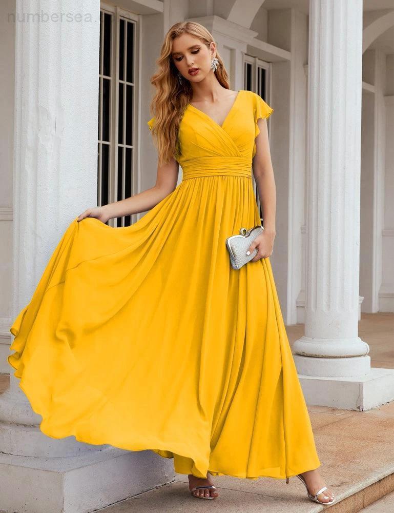 Numbersea V-Neck Bridesmaid Dress Floor Length Backless Formal Evening Dress 28024 by numbersea