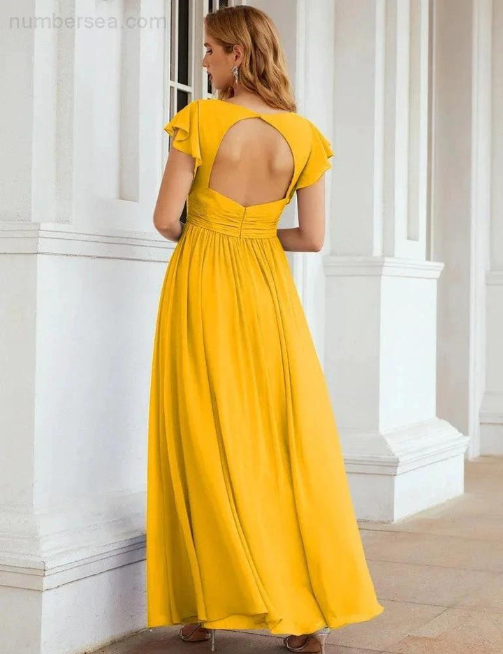 Numbersea V-Neck Bridesmaid Dress Floor Length Backless Formal Evening Dress 28024 by numbersea