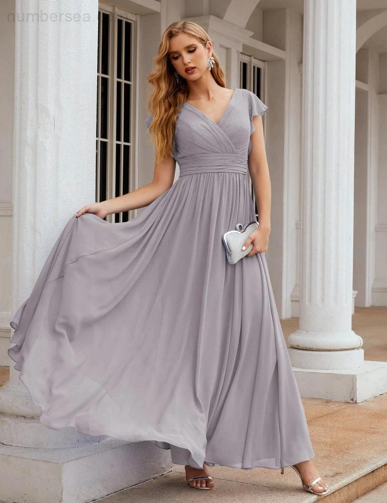 Numbersea V-Neck Bridesmaid Dress Floor Length Backless Formal Evening Dress 28024 by numbersea