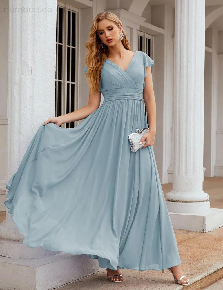 Numbersea V-Neck Bridesmaid Dress Floor Length Backless Formal Evening Dress 28024 by numbersea