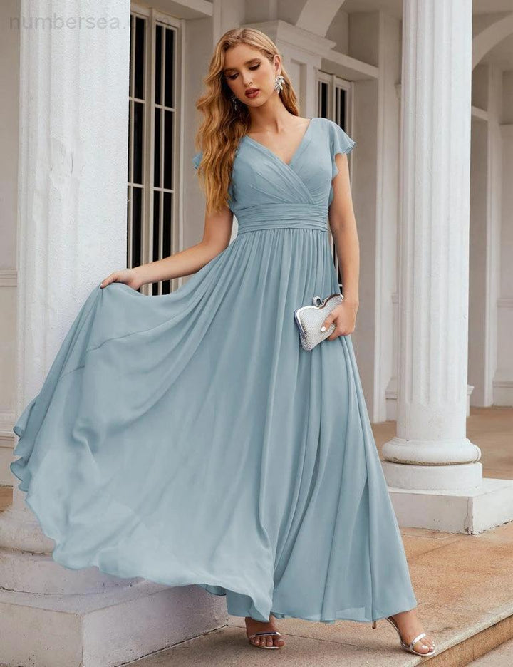 Numbersea V-Neck Bridesmaid Dress Floor Length Backless Formal Evening Dress 28024 by numbersea