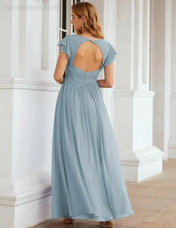 Numbersea V-Neck Bridesmaid Dress Floor Length Backless Formal Evening Dress 28024 by numbersea