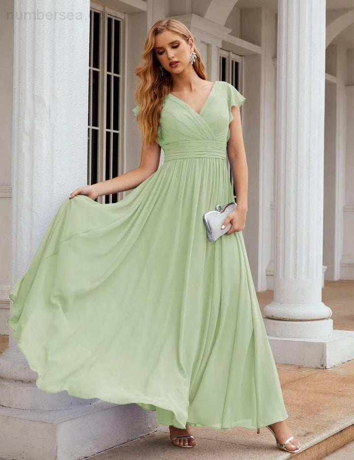 Numbersea V-Neck Bridesmaid Dress Floor Length Backless Formal Evening Dress 28024 by numbersea