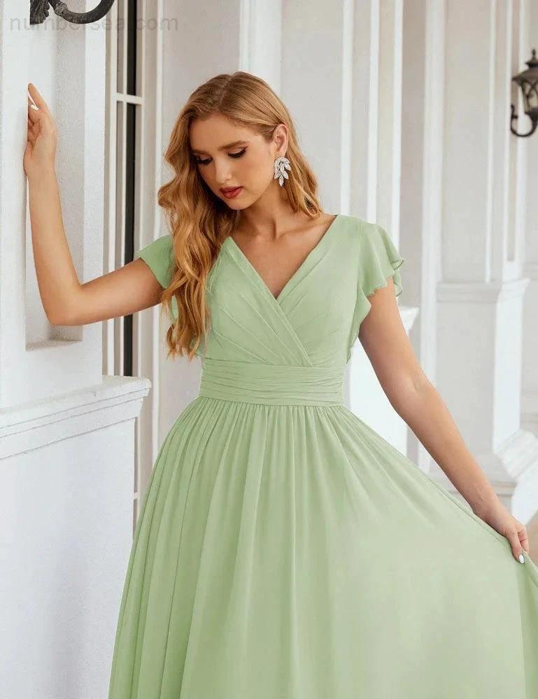 Numbersea V-Neck Bridesmaid Dress Floor Length Backless Formal Evening Dress 28024 by numbersea