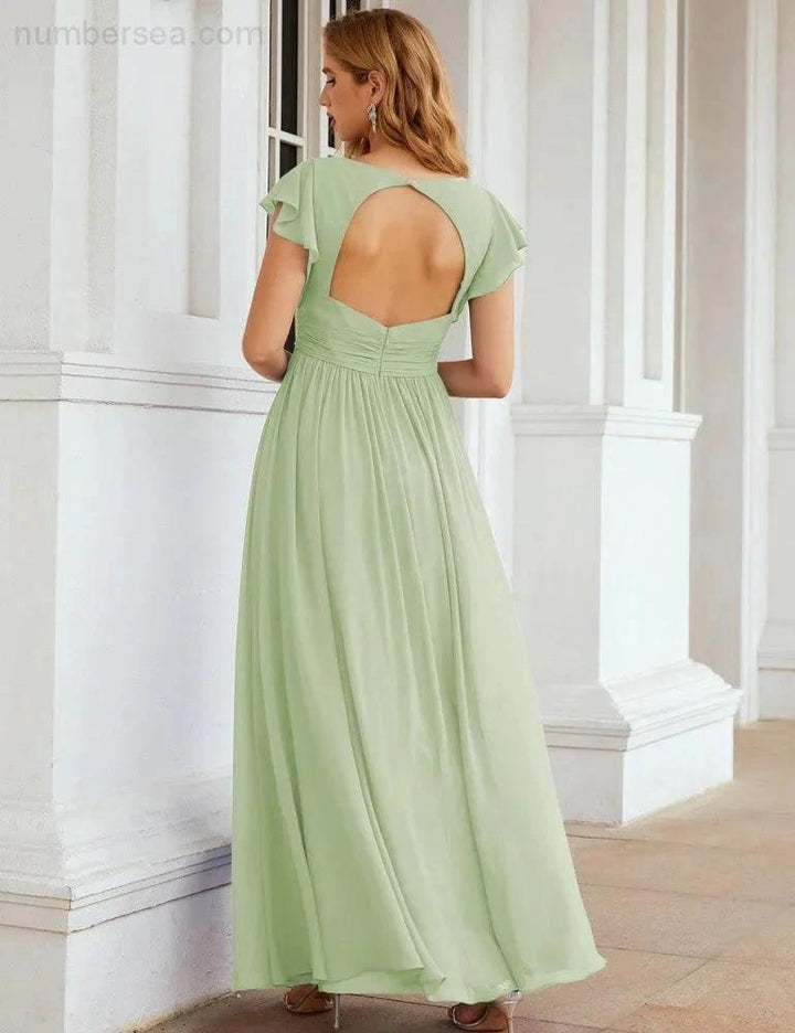 Numbersea V-Neck Bridesmaid Dress Floor Length Backless Formal Evening Dress 28024 by numbersea